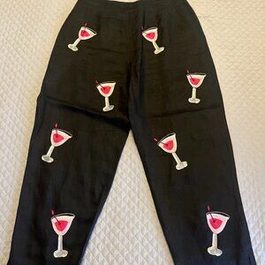 Black Linen Cosmo Cocktail Embroidered Pants